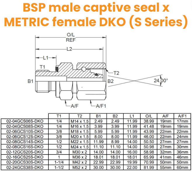 1/4 BSP Captive Seal 3869 x M14 (6S) DKO M/F - Complete Hydraulic Adaptor